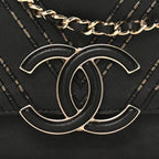 Calfskin Chevron Beaded Chain Mini Square Flap Black