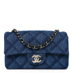 Printed Denim Quilted Mini Rectangular Flap Dark Blue